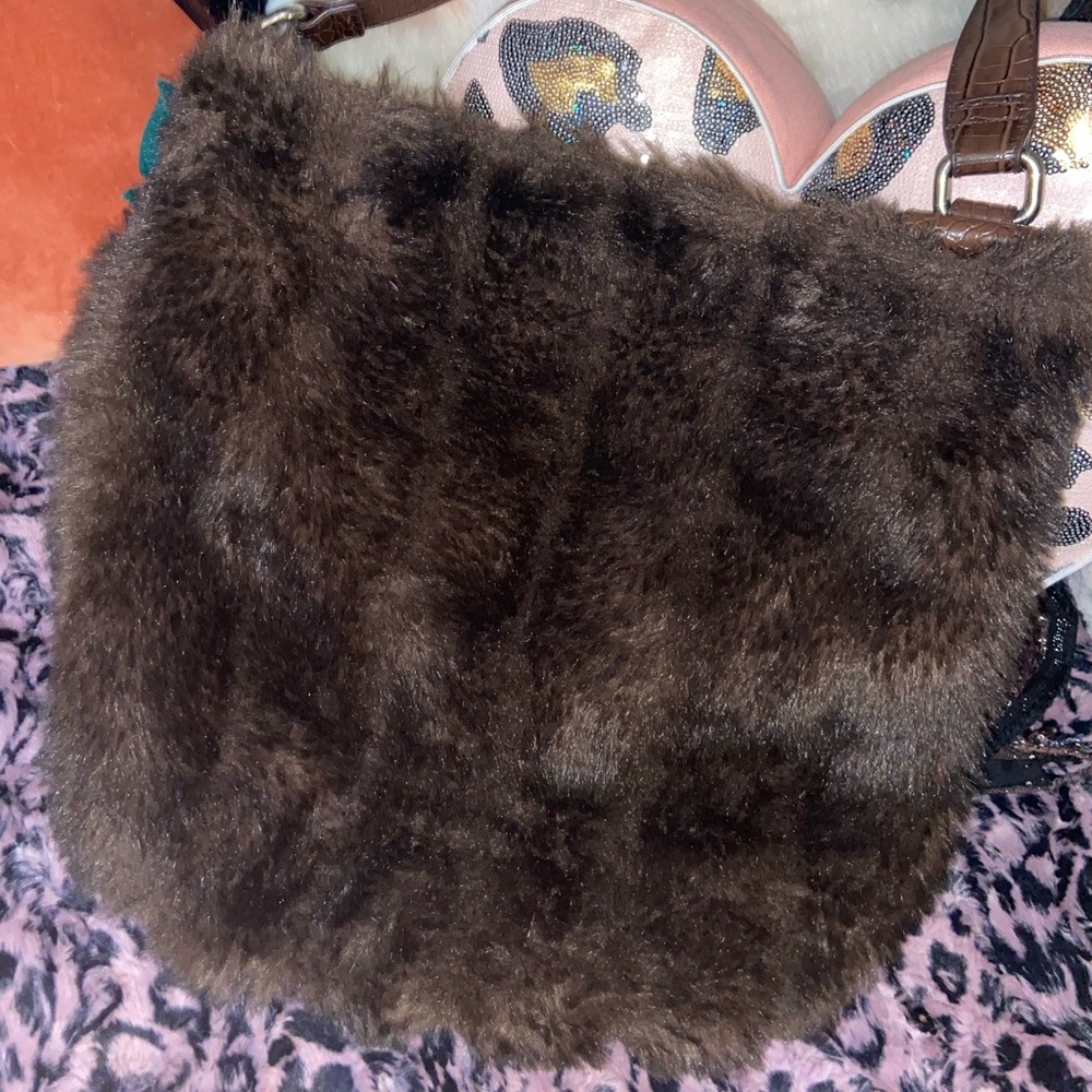 VTG RARE - Large Dark Brown Faux Fur & Leather Shoulder Bag - Picture 10 of 12